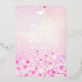 エレガントなピンクの花柄シルバーフォイル招待状 箔招待状 (正面)