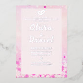 エレガントなピンクの花柄シルバーフォイル招待状 箔招待状 (正面)