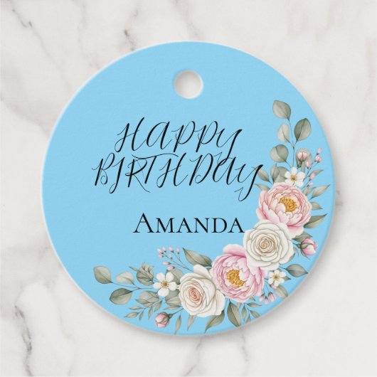 エレガントなピンクの花柄ラウンドパーソナライズドフェイバータグ フェイバータグ (正面)