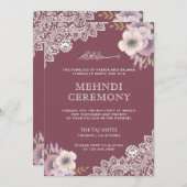 エレガントなピンクの花柄レースイスラム教ムスリムメヘンディ 招待状 (正面/裏面)