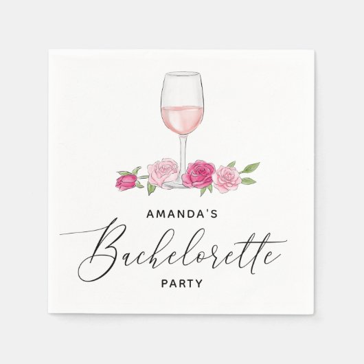 エレガントなピンクの花柄ワイングラス独身最後の夜 スタンダードカクテルナプキン (正面)