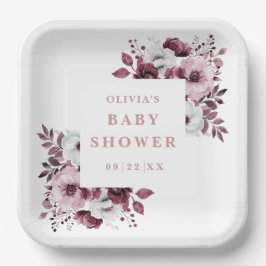 エレガントなピンクの花柄 ベビーシャワー ペーパープレート