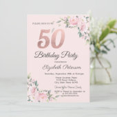 エレガントなピンクの花柄 50歳の誕生日パーティー 招待状 (スタンド正面)