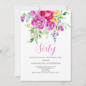 エレガントなピンクの花柄 60歳の誕生日招待状 招待状 (正面)