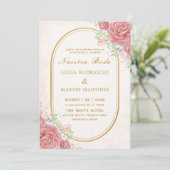 エレガントなピンクの花模様のゴールドフレーム 私たちの結婚式 招待状 (スタンド正面)