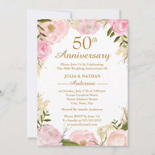 エレガントなピンクの花模様 50周年 結婚記念日 招待状 (正面)