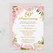 エレガントなピンクの花模様 50周年 結婚記念日 招待状 (正面/裏面)