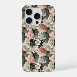 エレガントなピンクの花 アイボリーの花柄 iPhone 15 PROケース