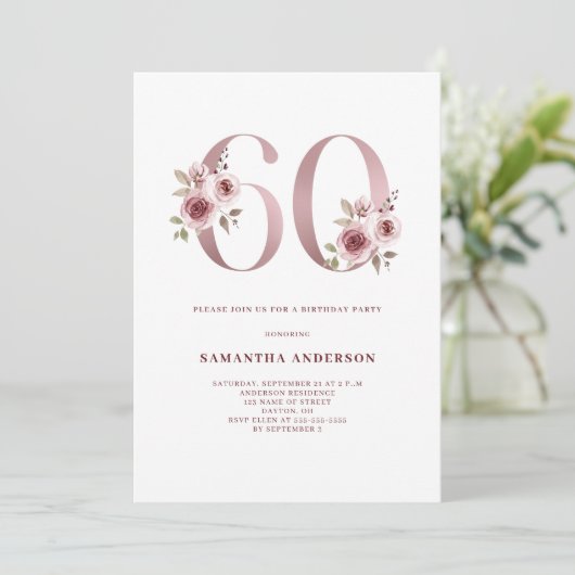 エレガントなピンクの花 60歳の誕生日 招待状 (スタンド正面)