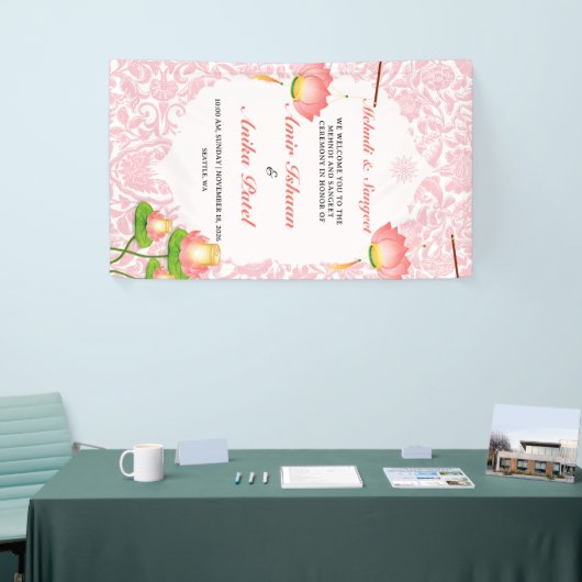 エレガントなピンクの蓮のランタン　メヘンディ・サンギート 横断幕 (トレードショー)