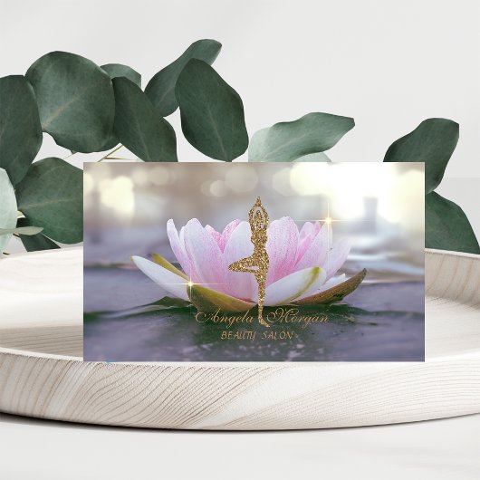 エレガントなピンクの蓮の花のラメヨガガール 名刺