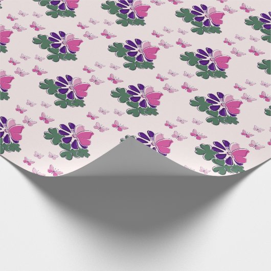 エレガントなピンクの蝶々 & 紫の花々 ラッピングペーパー (角)