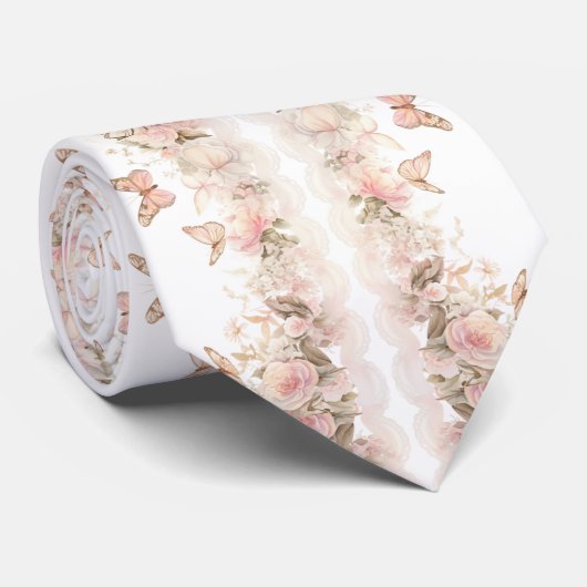 エレガントなピンクの蝶のホワイトウェディング ネクタイ (ロール)