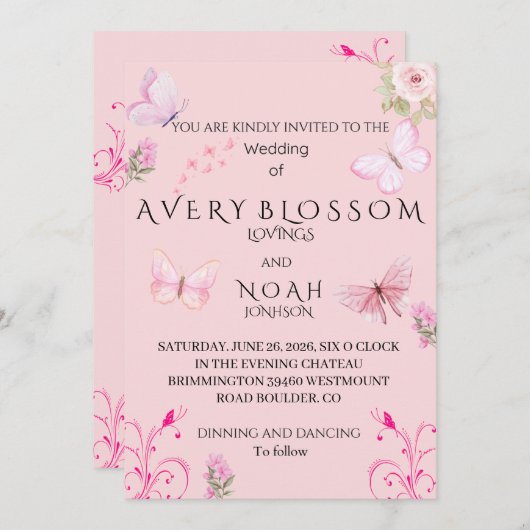 エレガントなピンクの蝶の結婚式招待状 | 編集する 招待状 (正面/裏面)