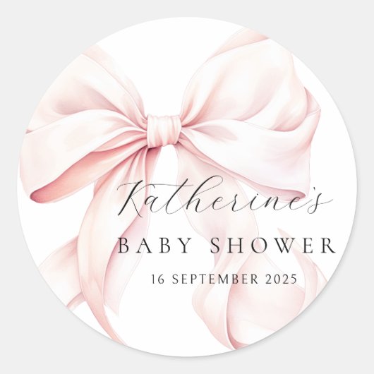 エレガントなピンクの蝶ネクタイ ベビーシャワー ラウンドシール (正面)