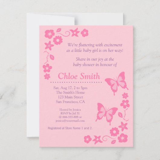 エレガントなピンクの蝶ベビーシャワーのパーティー 招待状 (正面)
