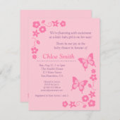 エレガントなピンクの蝶ベビーシャワーのパーティー 招待状 (正面/裏面)