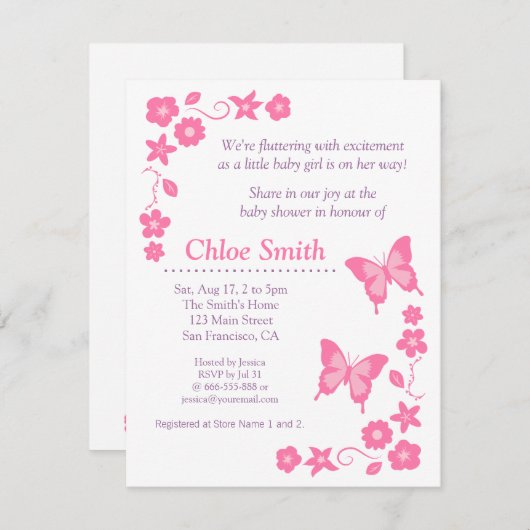 エレガントなピンクの蝶ベビーシャワーのパーティー 招待状 (正面/裏面)