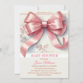 エレガントなピンクの蝶リボン コケッタ ヴィンテージ ガール ベイビー シャワー 招待状 (正面)