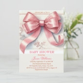 エレガントなピンクの蝶リボン コケッタ ヴィンテージ ガール ベイビー シャワー 招待状 (スタンド正面)