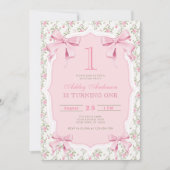 エレガントなピンクの蝶リボン フラワールコケット 1歳の誕生日 招待状 (正面)
