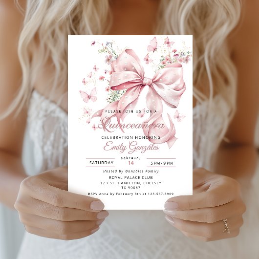 エレガントなピンクの蝶結びとパールのキンセアニエラ招待状 招待状