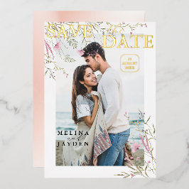 エレガントなピンクの野生の花のウェディング・セーブ・ザ・デート 箔招待状