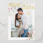 エレガントなピンクの野生の花のウェディング・セーブ・ザ・デート 箔招待状 (正面)