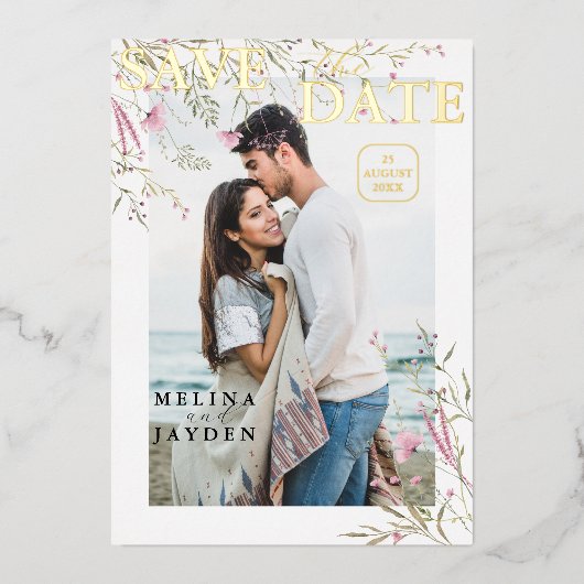 エレガントなピンクの野生の花のウェディング・セーブ・ザ・デート 箔招待状 (正面)