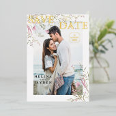 エレガントなピンクの野生の花のウェディング・セーブ・ザ・デート 箔招待状 (立ち正面)