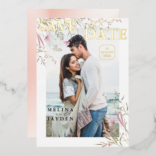 エレガントなピンクの野生の花のウェディング・セーブ・ザ・デート 箔招待状 (正面/裏面)