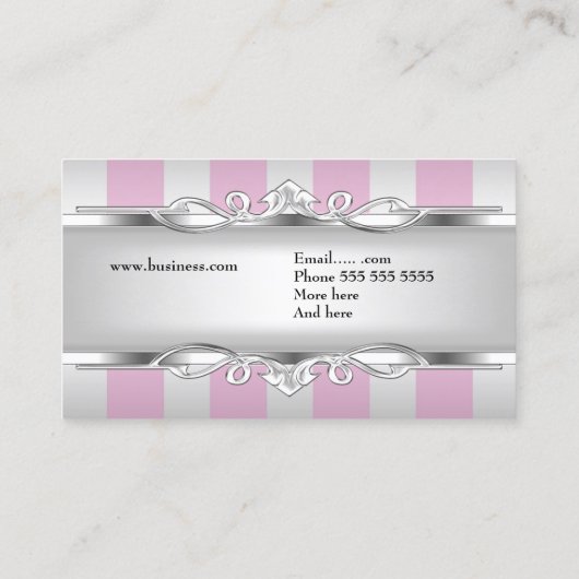 エレガントなピンクの銀製の灰色白のストライプ 名刺 (裏面)