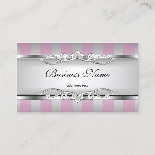 エレガントなピンクの銀製の灰色白のストライプ 名刺 (正面)