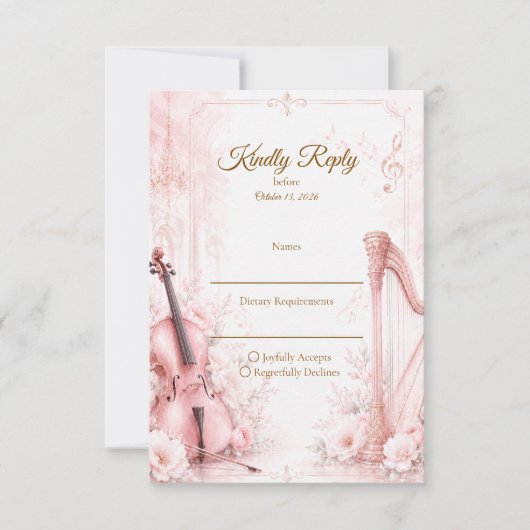 エレガントなピンクの音楽的な結婚式 出欠カード (正面)
