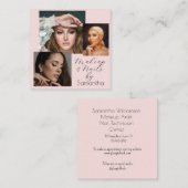 エレガントなピンクの頬紅と黒のスクリプト3枚の写真メイクアップ スクエア名刺 (正面/裏面)