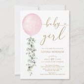 エレガントなピンクの風船ユーカリの女の子ベイビーシャワー 招待状 (正面)