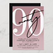 エレガントなピンクの90歳の誕生日パーティー 招待状 (正面/裏面)