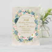 エレガントなピンククリームの花と緑 90歳の誕生日 招待状 (スタンド正面)