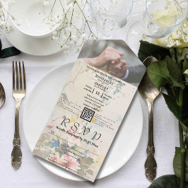 エレガントなピンククリームウォーターカラーフラワーのQRコード写真 オールインワン招待状