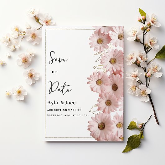 エレガントなピンクゴールドのデイジー花柄 Save the Date 招待状