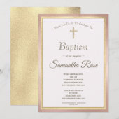 エレガントなピンクゴールドの十字架 ベビーガール 洗礼招待状 招待状 (正面/裏面)
