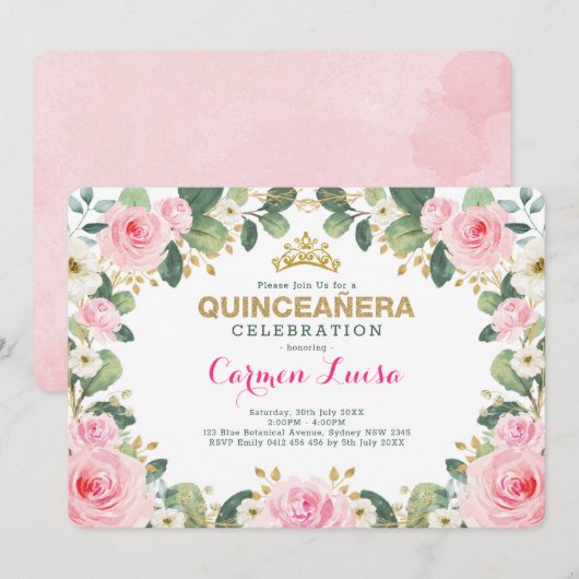 エレガントなピンクゴールドの花と緑のキンセアニエラ 招待状 (正面/裏面)