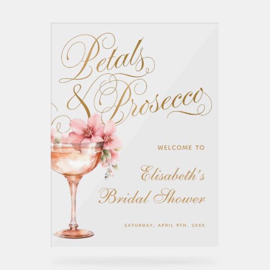 エレガントなピンクゴールドの花のブライダルシャワー アクリルサイン (正面)