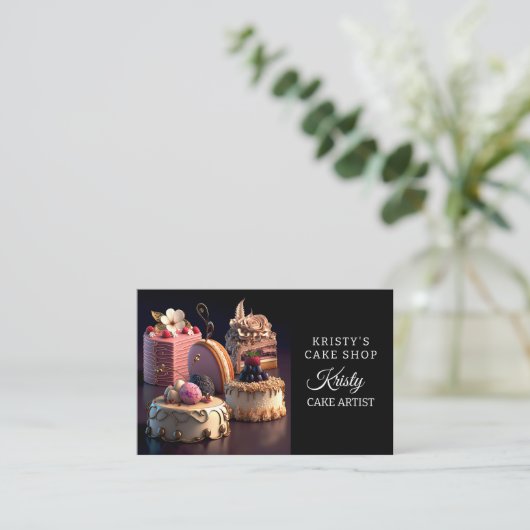 エレガントなピンクゴールドの花モチーフのケーキ専門店 名刺 (スタンド正面)