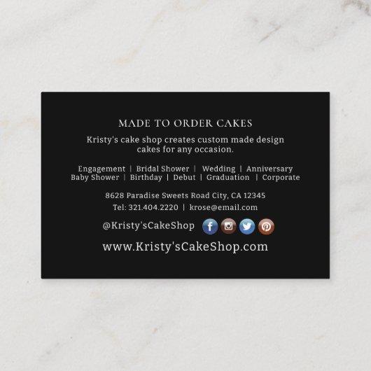 エレガントなピンクゴールドの花モチーフのケーキ専門店 名刺 (裏面)