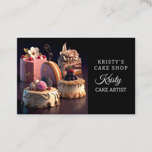 エレガントなピンクゴールドの花モチーフのケーキ専門店 名刺 (正面)