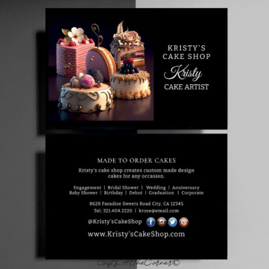 エレガントなピンクゴールドの花モチーフのケーキ専門店 名刺