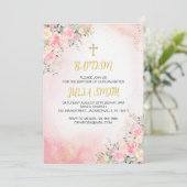 エレガントなピンクゴールドの花モチーフの洗礼招待状カード 招待状 (スタンド正面)