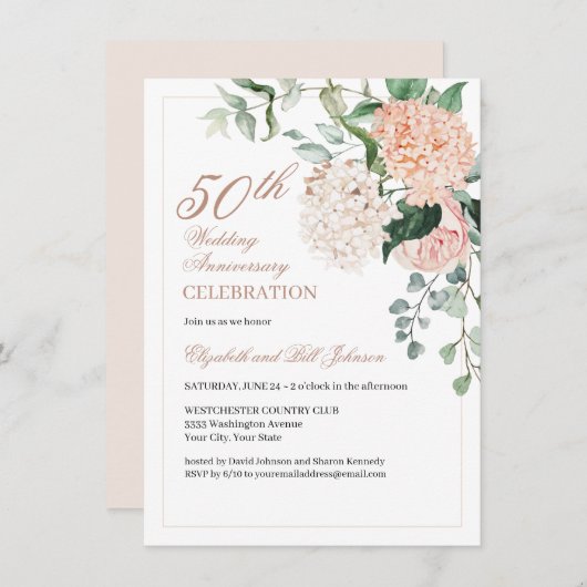 エレガントなピンクゴールドの花モチーフの結婚記念日 招待状 (正面/裏面)