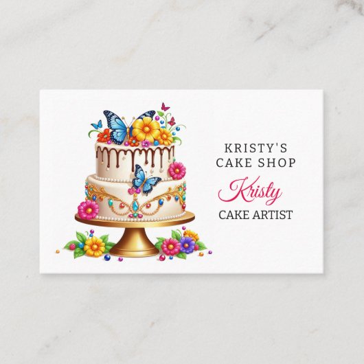 エレガントなピンクゴールドの花蝶ケーキ専門店 名刺 (正面)